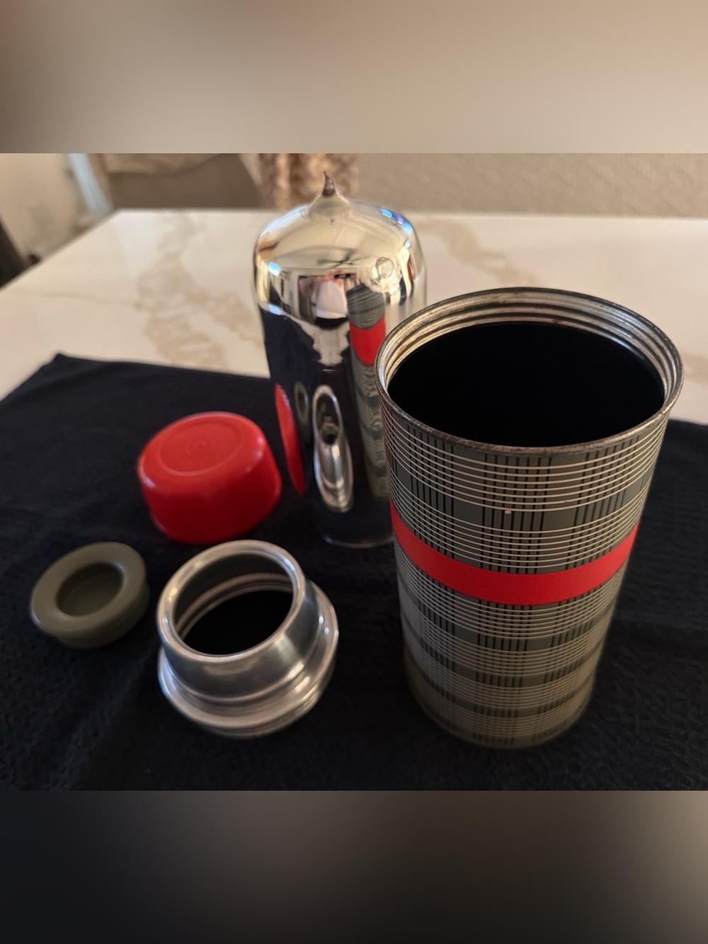 Thermos Plaid Flask with Red Stripe and Chrome Cap